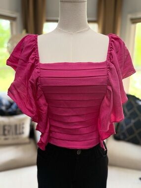 DO+BE Fuchsia Square Neck Ruffle Sleeve Top